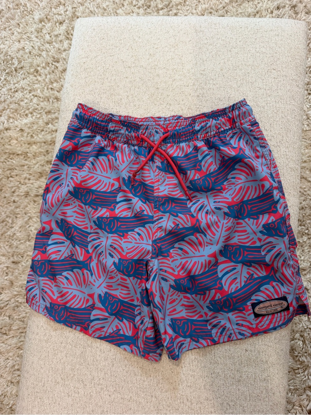Youth Vineyard Vines Red & Blue Tropical Swim Trunks.